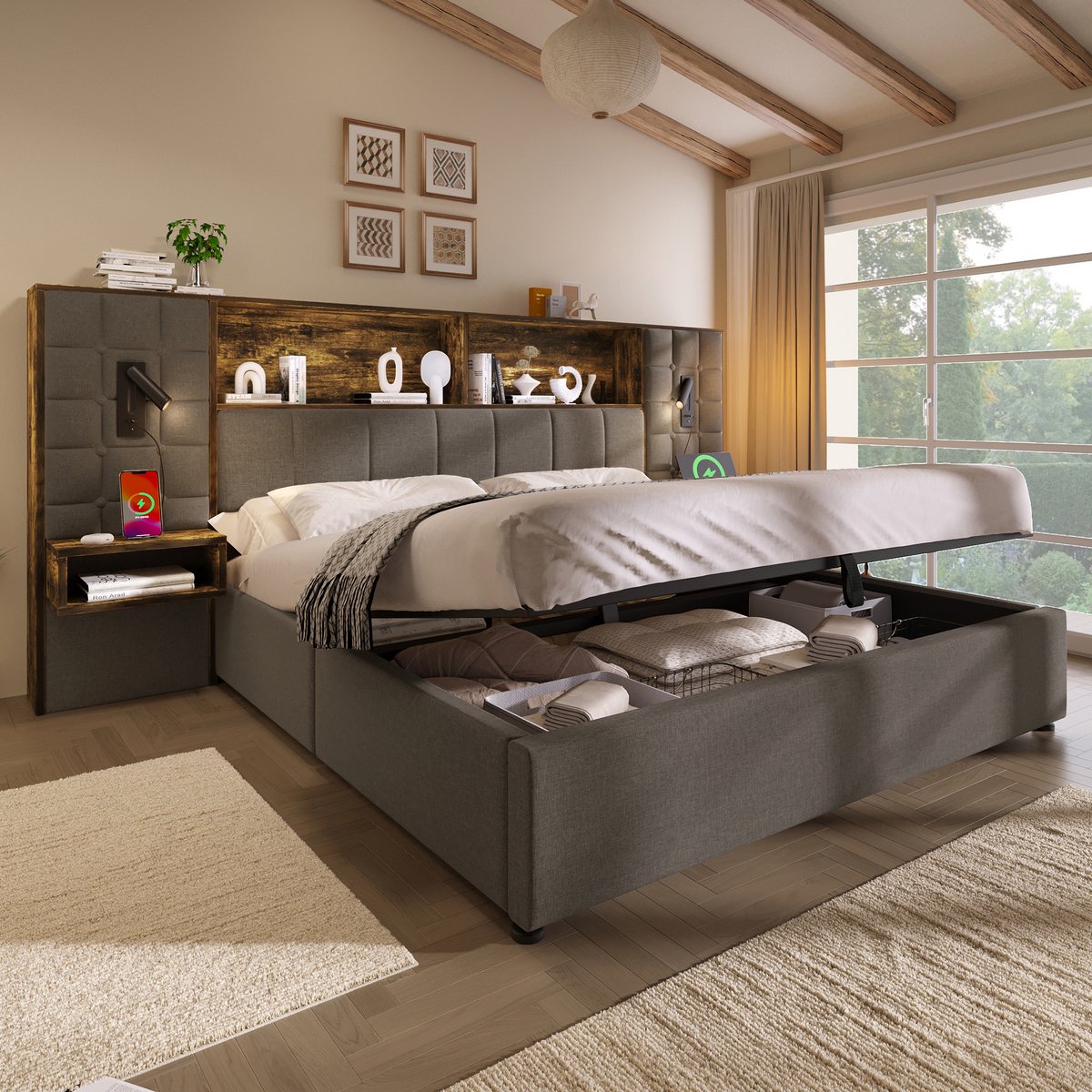 Bedframe - 160x200 Cm - Bed - Met Opbergruimte - LED - USB C - Grijs - Zonder Matras