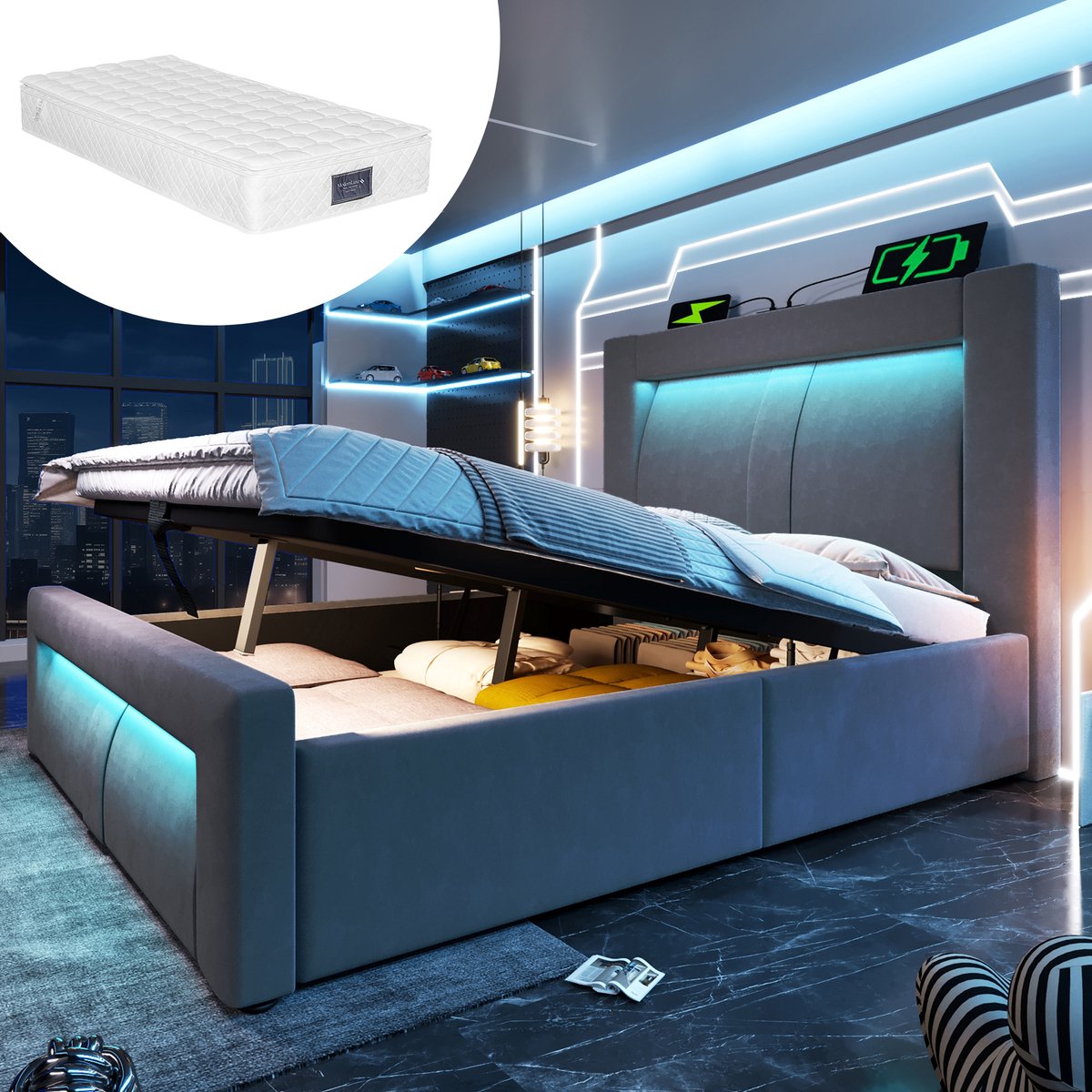 Bedframe - 90x200 Cm - Bed - Met Lattenbodem - Met Opbergruimte - LED - USB C - Grijs - Met Matras