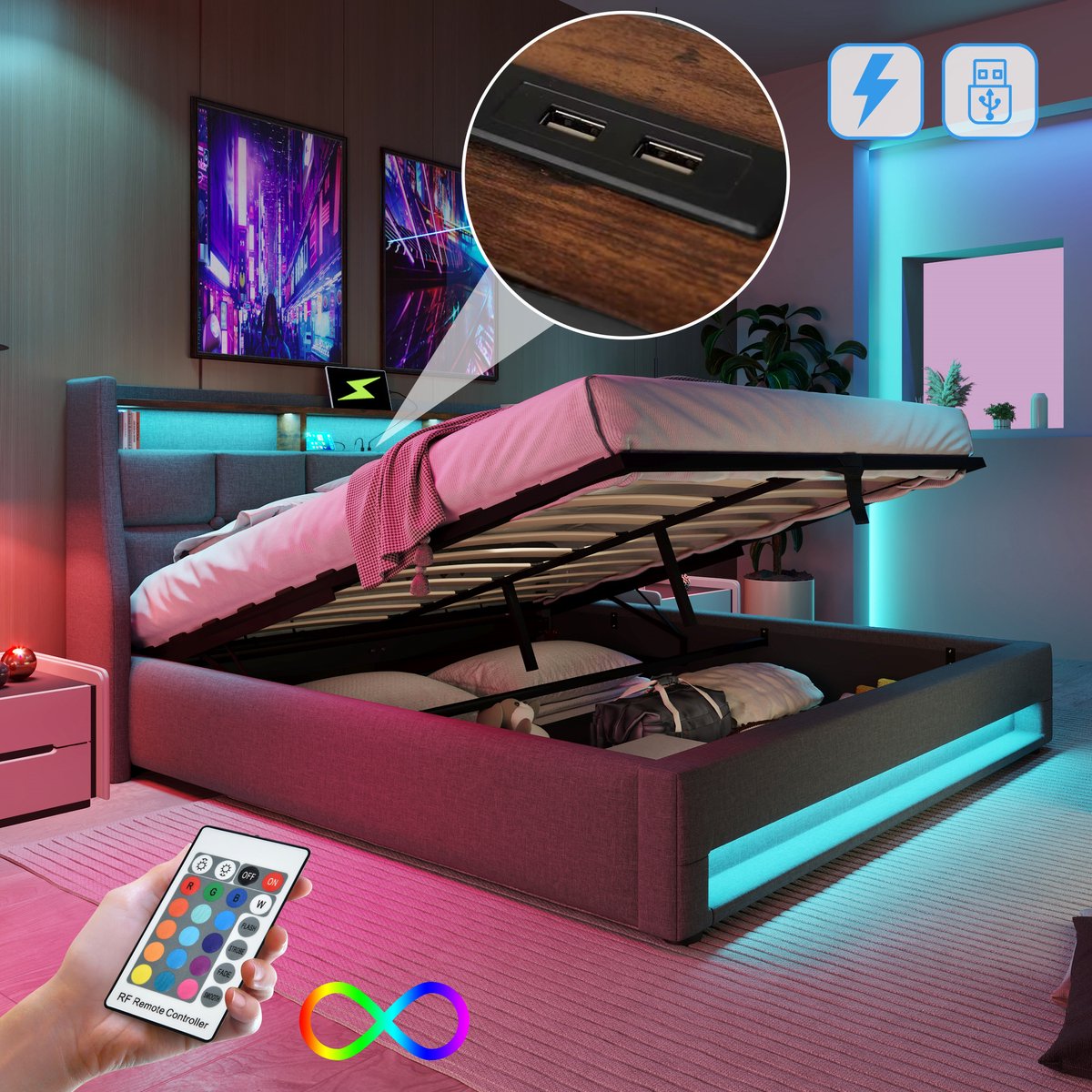 Bedframe - 140x200 Cm - Bed - Met Lattenbodem - LED - USB C - Grijs - Zonder Matras