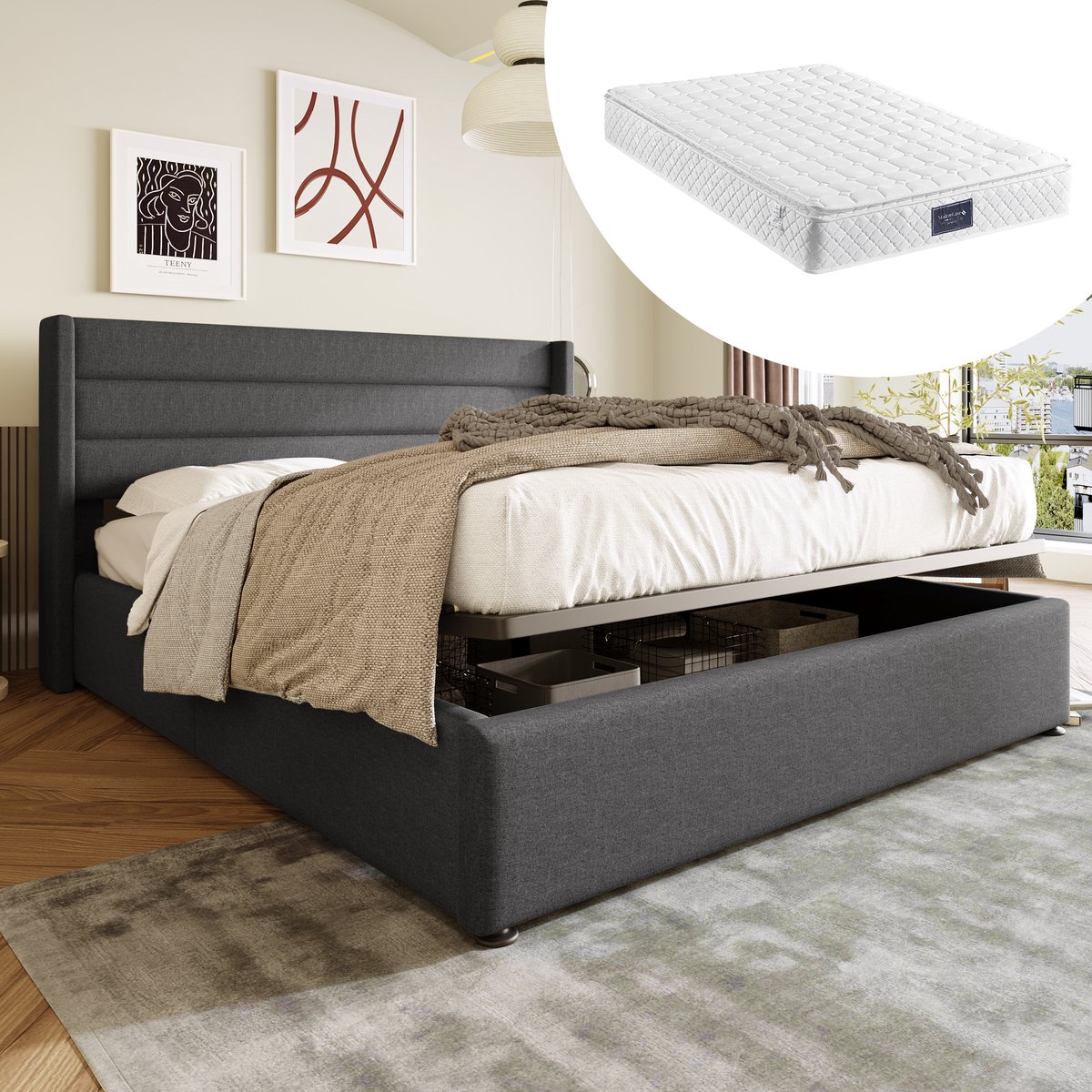 Bedframe - 160x200 Cm - Bed - Met Lattenbodem - Met Opbergruimte - Grijs - Met Matras