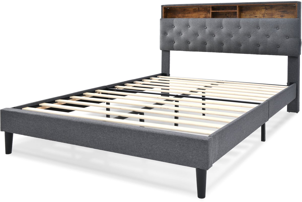 Bedframe - 140x200 Cm - Bed - Met Lattenbodem - Met Opbergruimte - LED - Grijs - Met Matras