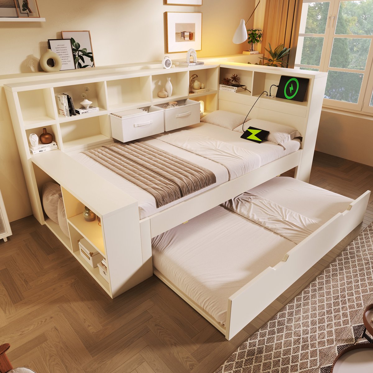 Bedframe - 90x200 Cm - Bed - Met Lattenbodem - Met Opbergruimte - USB C - Wit - Zonder Matras