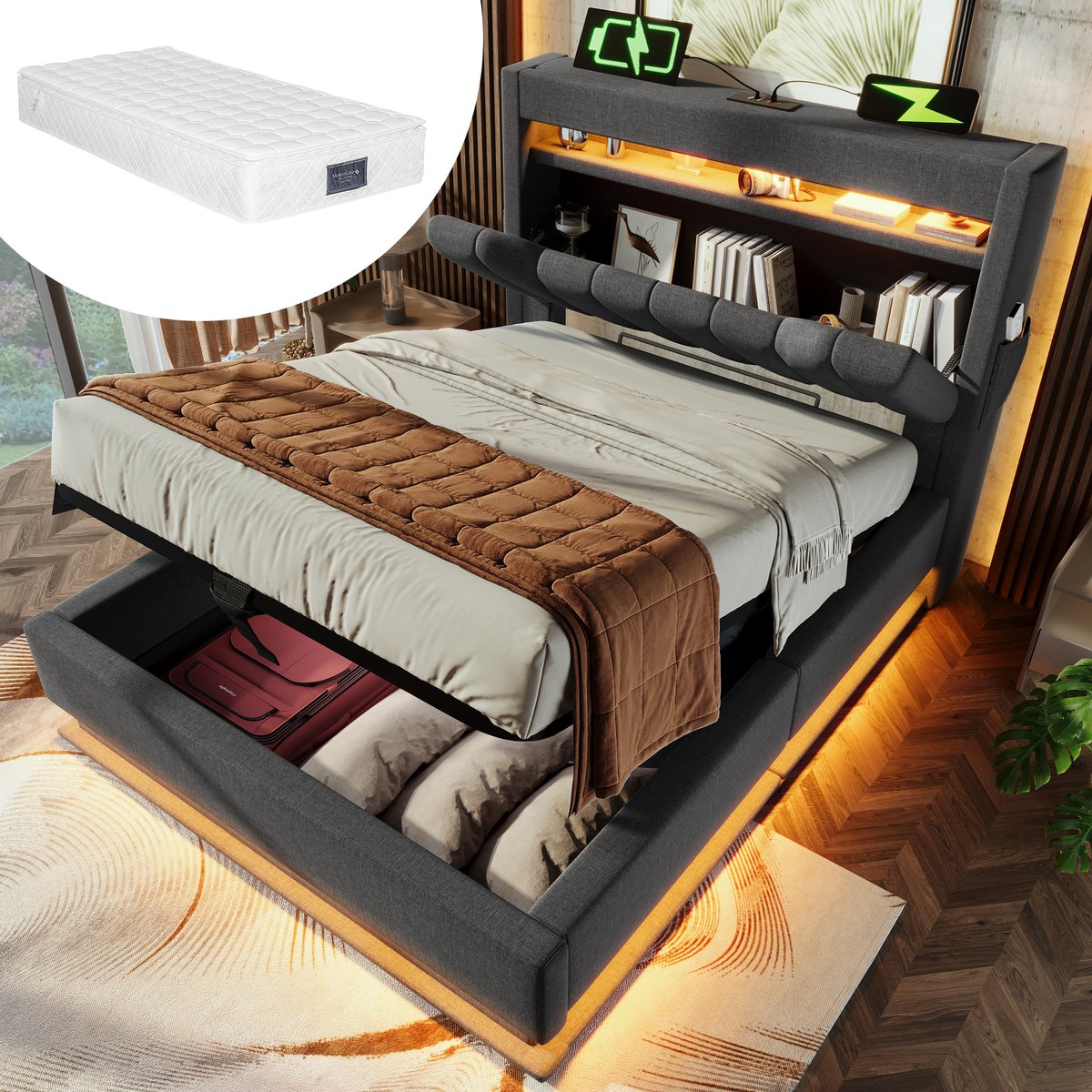 Bedframe - 90x200 Cm - Bed - Met Lattenbodem - Met Opbergruimte - LED - USB C - Grijs - Met Matras
