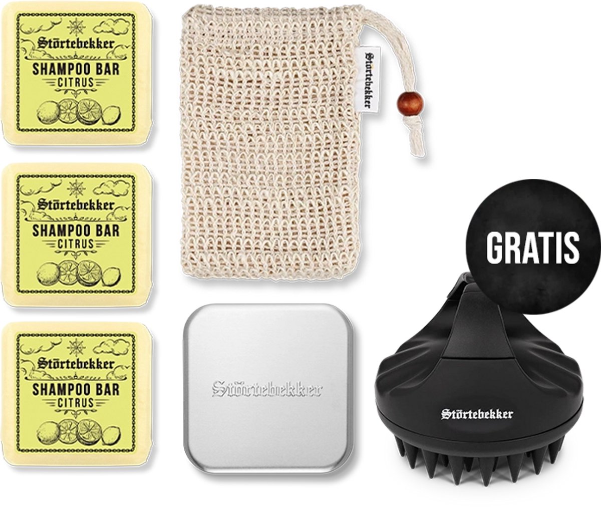 Störtebekker® Premium Douche Set Hair Citrus - Shower Set Heren met sprankelende citrusgeur - 3x Vaste Shampoo (100g), Sisal Washandje, Zeepdoos & GRATIS Siliconen Hoofdhuidborstel - Vegan - Handgemaakt in Nederland