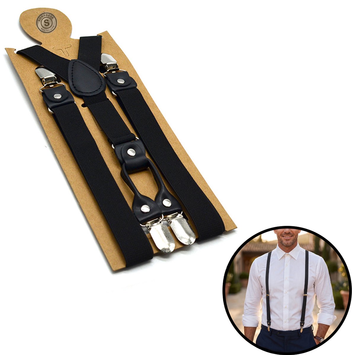Sorprese Bretels Heren Volwassenen - Zwart - Verstelbare Y-Bretels - 2,4 cm - Met Leren Clips - Elastisch - Trouwen, Feest & Zakelijk