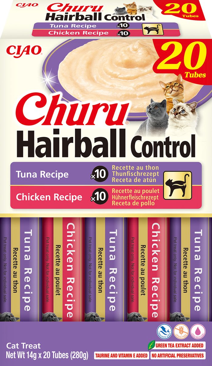 INABA CIAO Churu Hairball Creamy Puree Kattensnack Liquid Tonijn & Kip 20x14g