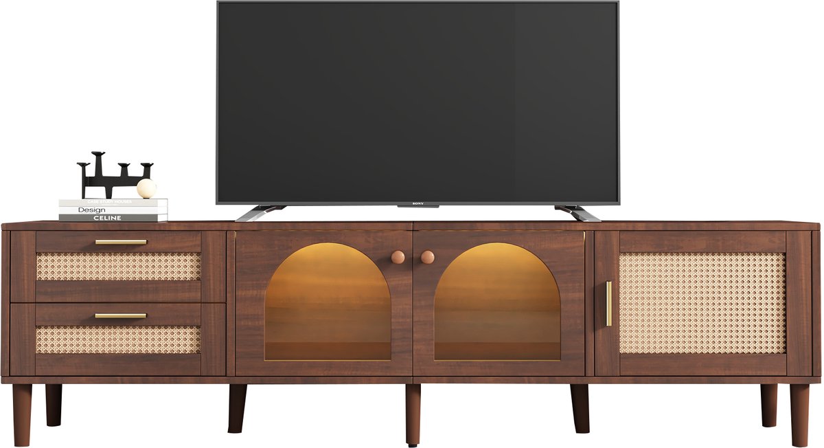TV Meubel - Rotan TV Kast Met LED & Glazen Deuren 180cm - Walnoot
