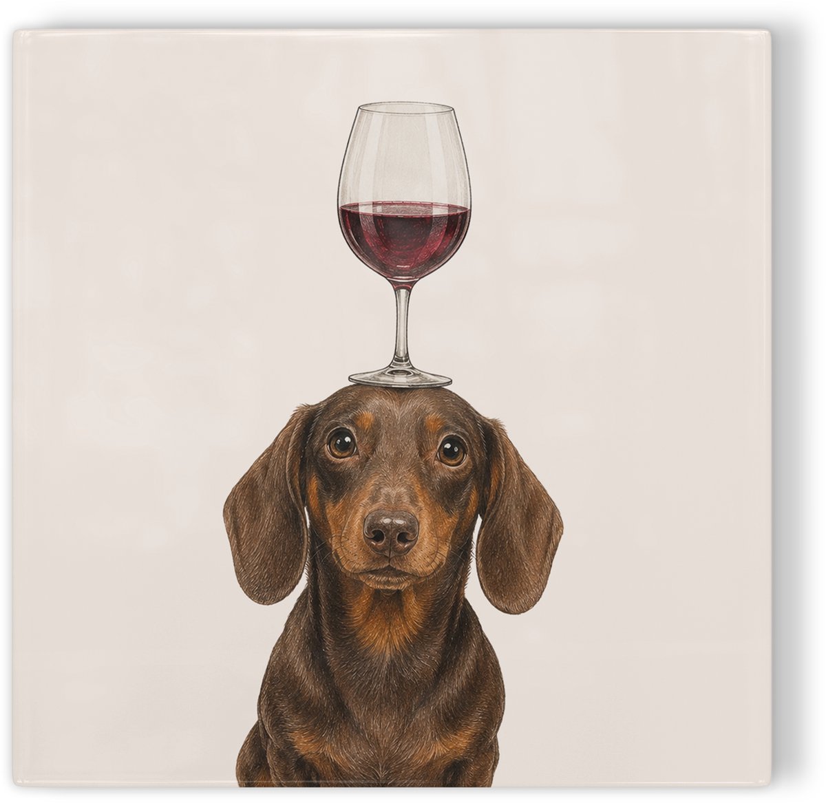 Tegeltje Teckel met wijnglas - beige - tegeltje hond - tegeltje met illustratie