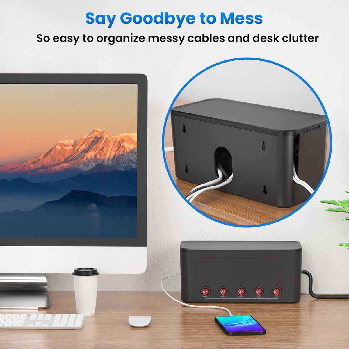 Stekkerdoos met Kabelmanagement Box - Zwart - Grote Kabel Organiser Box met 5 Stopcontacten en USB - Voor Thuis en Kantoor