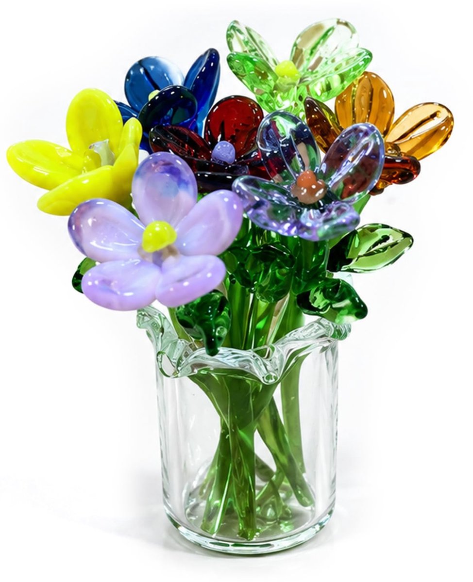SolidKeus - Kleurige Glazen Bloemen met Vaas, Mini Bloemstuk voor Decoratie