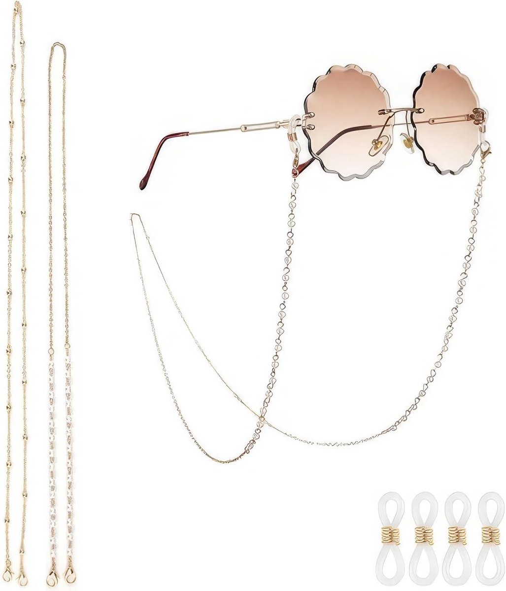 Stijlvolle 2-delige Anti-Verlies Brilketting met Parels, Verstelbare Zonnebril Touw voor Reizen en Dagelijks Gebruik, Duurzame en Modieuze Brilaccessoires in Goud