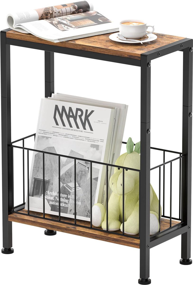SolidKeus - Smalle Bijzettafel met Tijdschrift Houder en 2 Planken