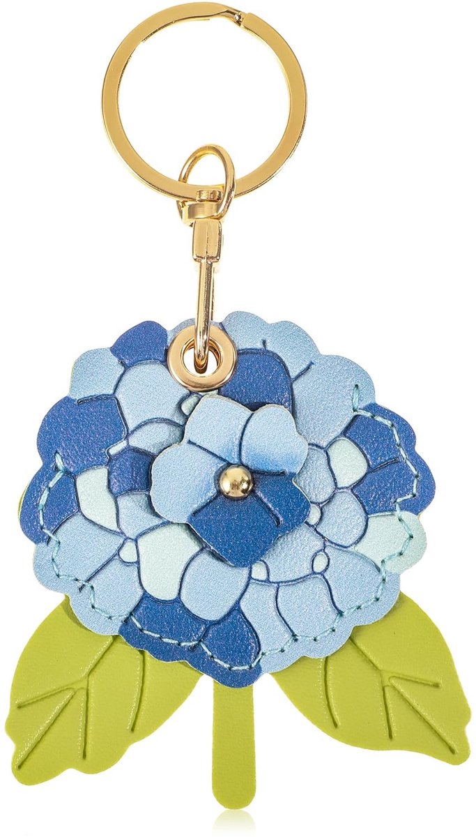 SolidKeus - Lederen Hortensia Bloem Sleutelhanger in Blauw