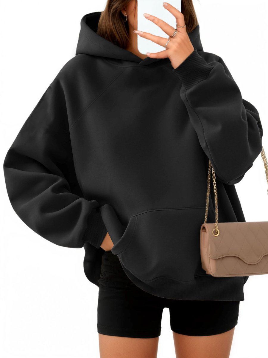 SolidKeus - Oversized Katoenen Hoodie voor Dames met Lange Mouwen Zwart