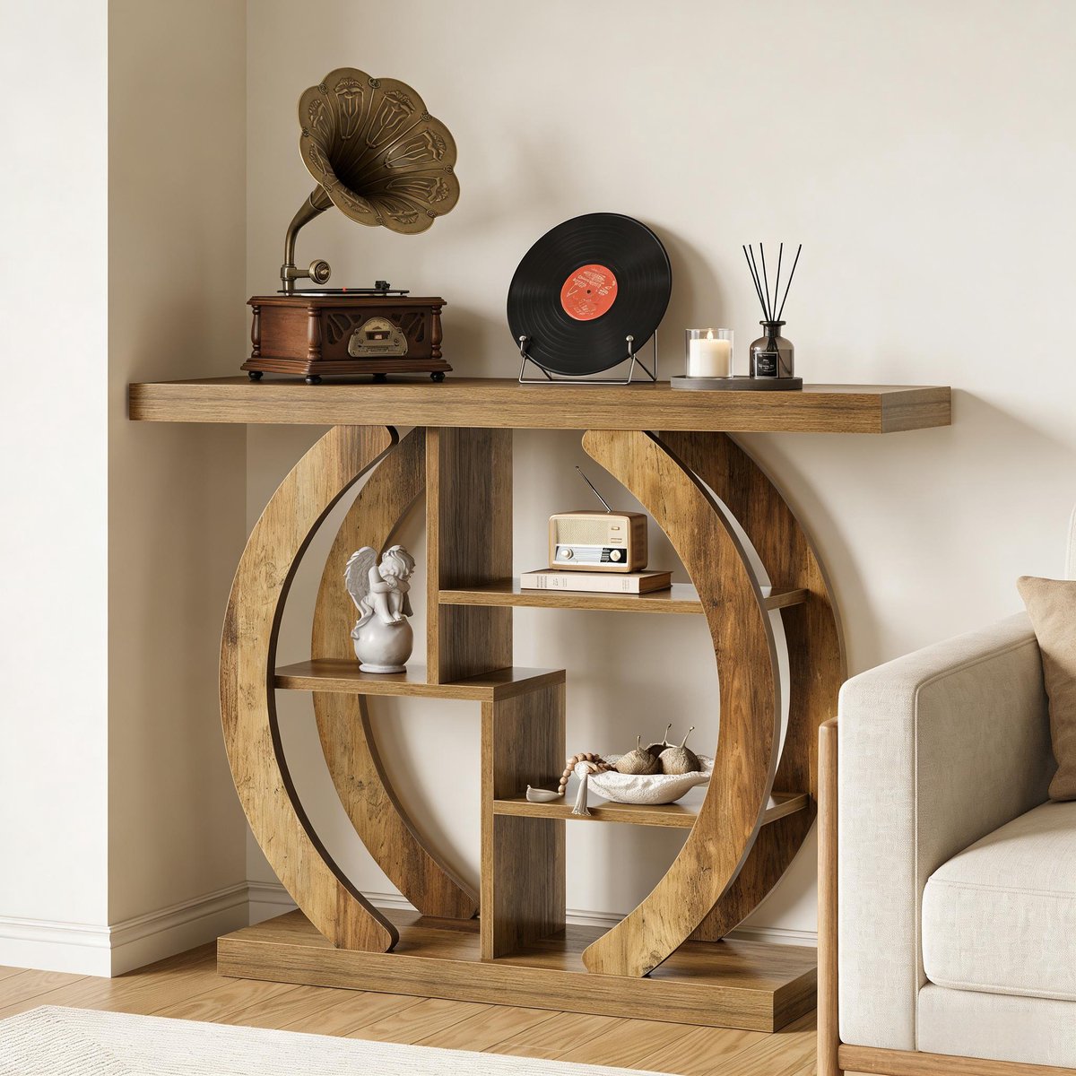 FloraGrace Sidetable - Landelijke Console Tafel Met 4 Open Opbergplanken - Voor Hal Woonkamer En Achter De Bank - Hout - Bruin - 108 Cm