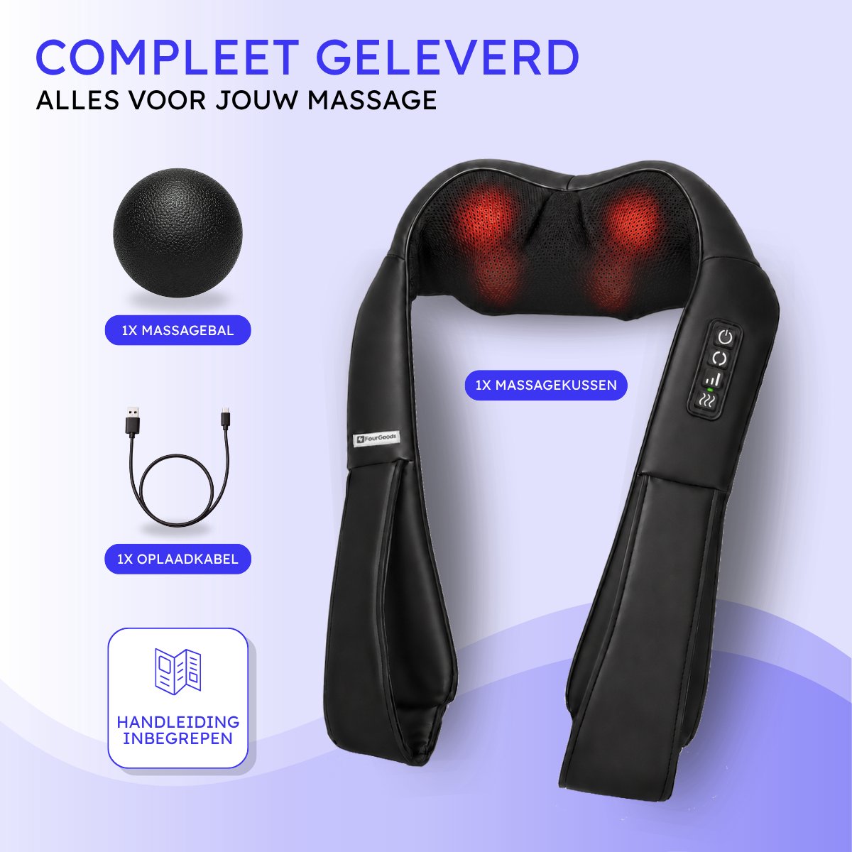 FourGoods XL Nekmassage Apparaat - 120 Min Draadloos - Incl. Massagebal - Shiatsu Massagekussen Nek & Rug thumbnail 8