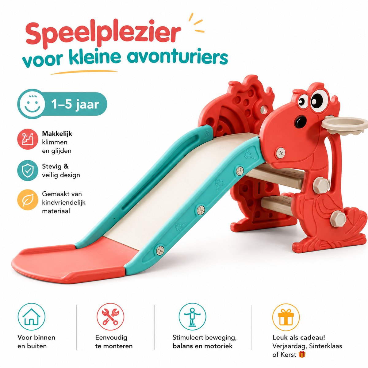 PLAYJOY Kinderglijbaan 120 cm - Stevig + basketring Rood draak