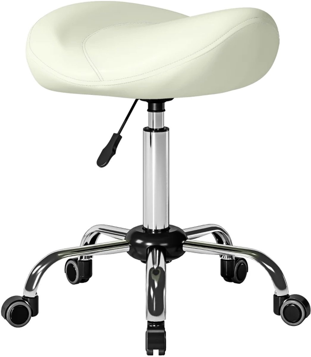 Zadelkruk op Wielen - Ergonomische Zadelstoel - Kapperskruk met Zadelzitting - Tabouret - 360° Draaibaar - In Hoogte Verstelbaar - Salonstoel - Kruk Stoel - Werkkruk - voor Kantoor, Salon, Massage, Spa - Crèmewit
