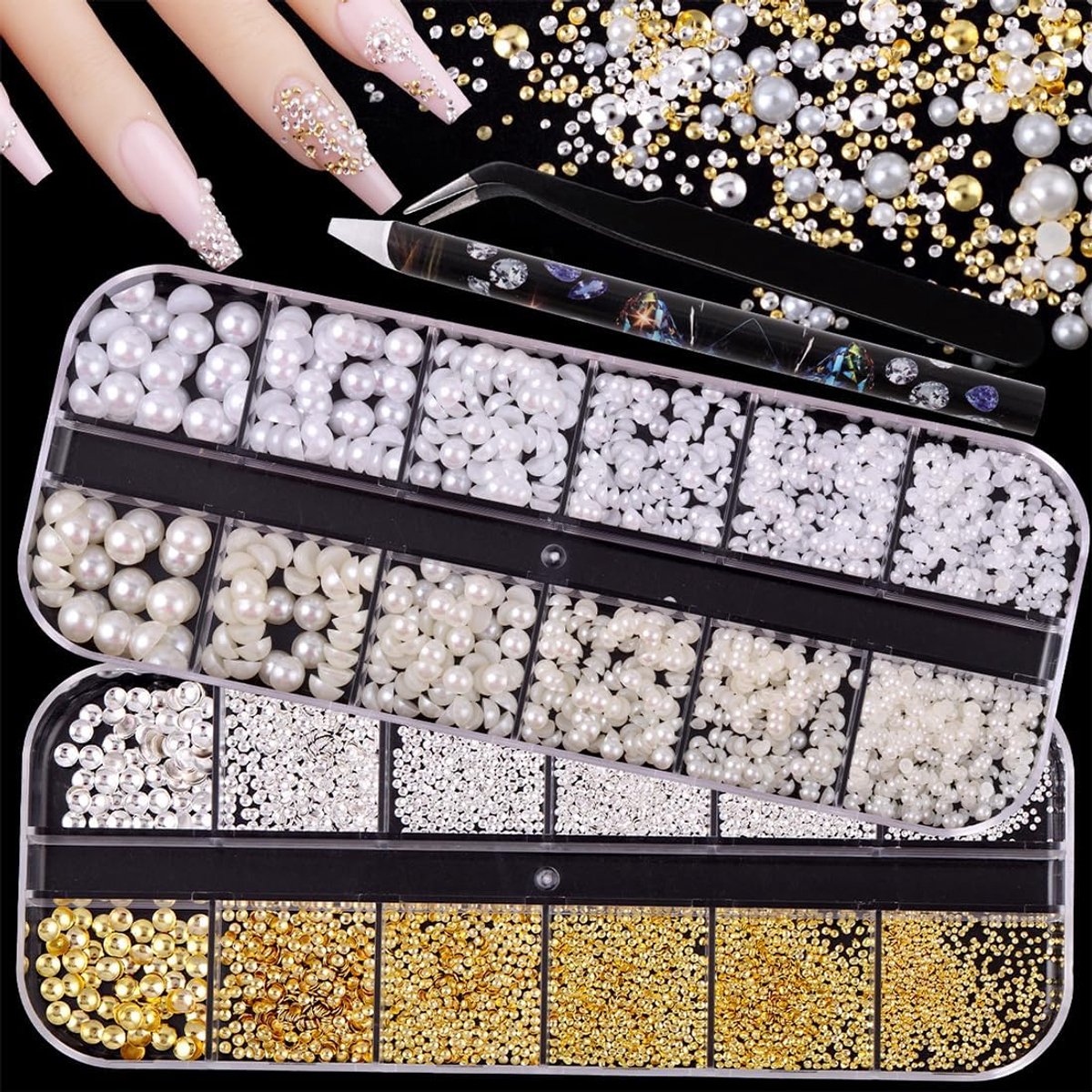 2 doosjes goud zilver mini nail caviaar kralen strass nail art decoratie accessoires, witte nail kralen halve ronde sieraden nail art kralen, nail art decoraties