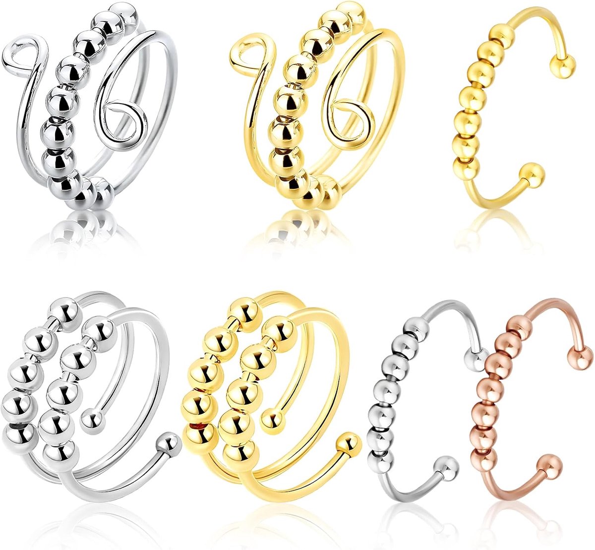 7 stuks anti-stress-ring, anti-stress-ring, van roestvrij staal, 7 versies, voor verlichting van stress en ontspanning (goud, zilver, roségoud)