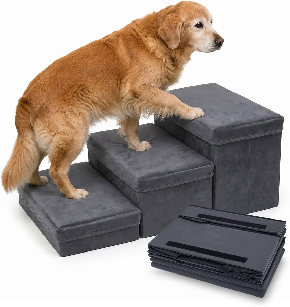 Hondentrap met opbergruimte, 3 treden, opvouwbaar, 75 x 40 x 30 cm, antislip huisdiertrap voor bed en bank, extra brede hondentrap voor kleine en grote honden en katten, stabiele hondentrap