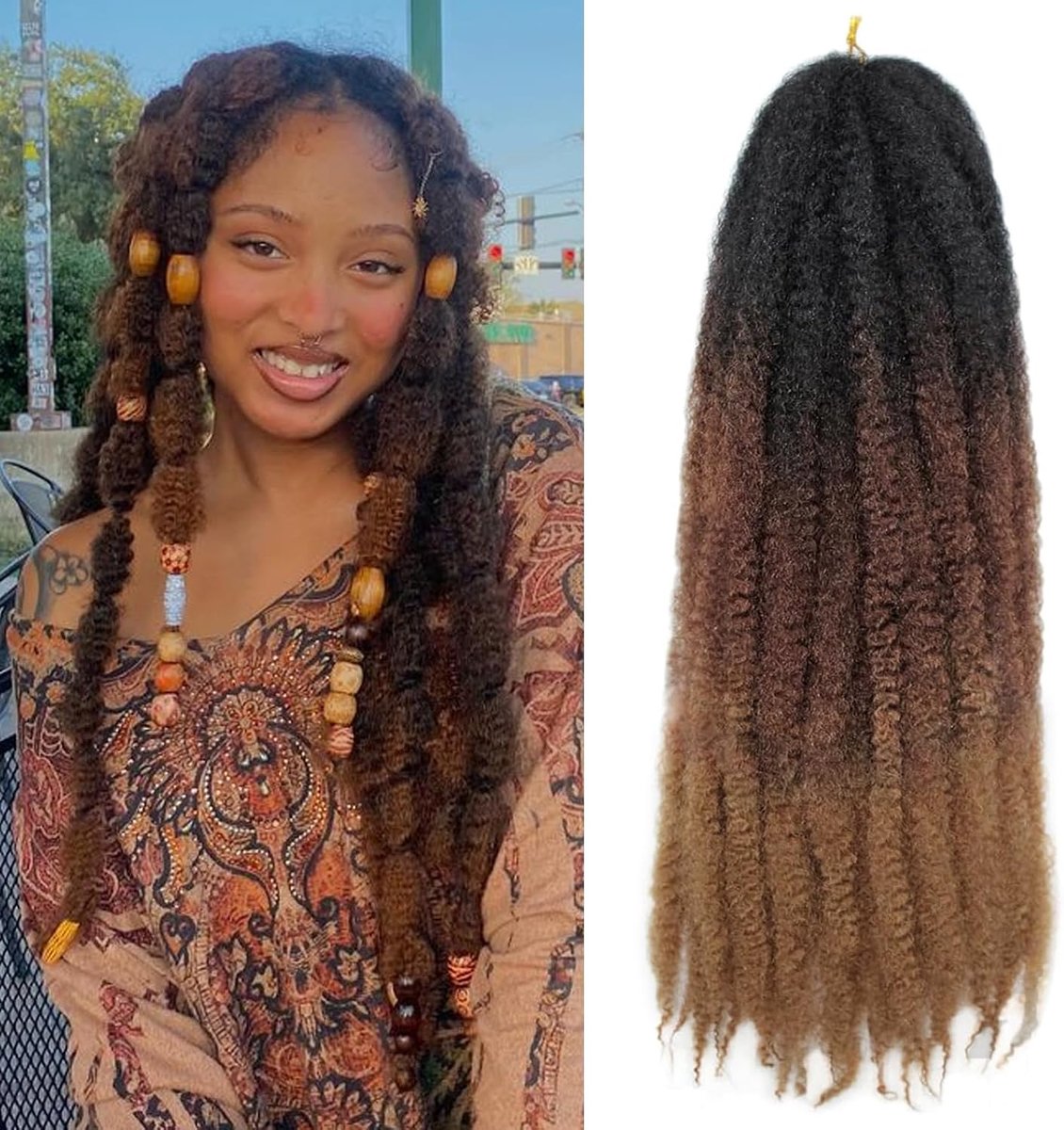 Twist gevlochten ­haar, afro-twist, kinky curly, Cuban twist-haar, Senegalese twist met haak, synthetische Marley-vlechten, 1B/30/27#, 46 cm, 6 stuks