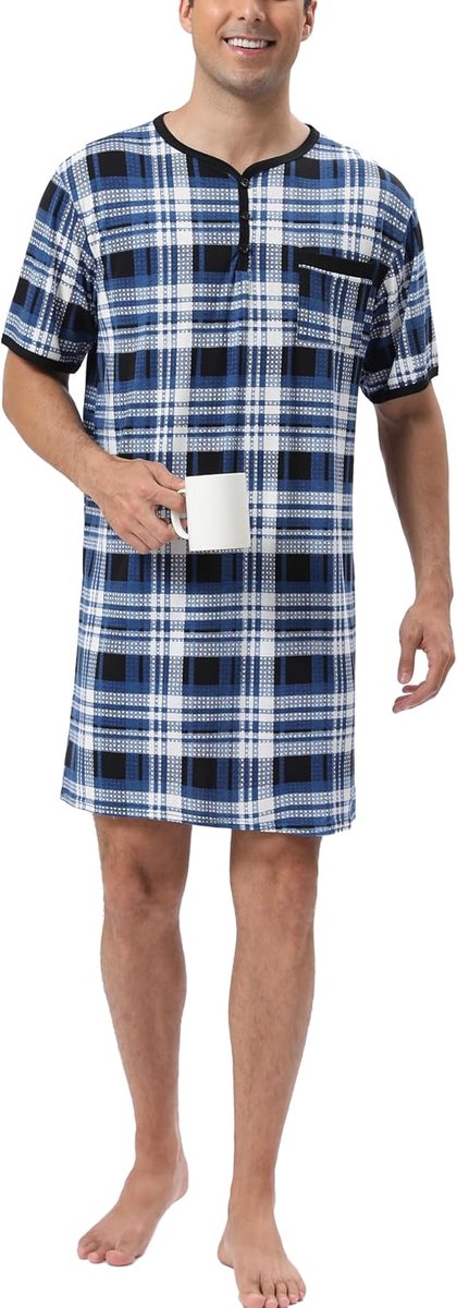 Nachthemd voor heren, katoenen pyjama met lange mouwen, korte mouwen, pyjama-bovenstuk, lang T-shirt, ronde hals met knopen, huiskleding, grote maat, zacht, comfortabel