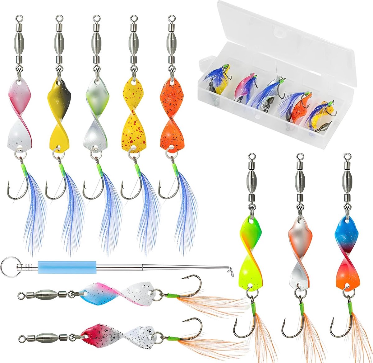 10 stuks, met rolling swivels, UV-actief 3 g, forelaas met veer, pailletten, enkele haken, knipperlicht in doos met vishaakverwijderaar