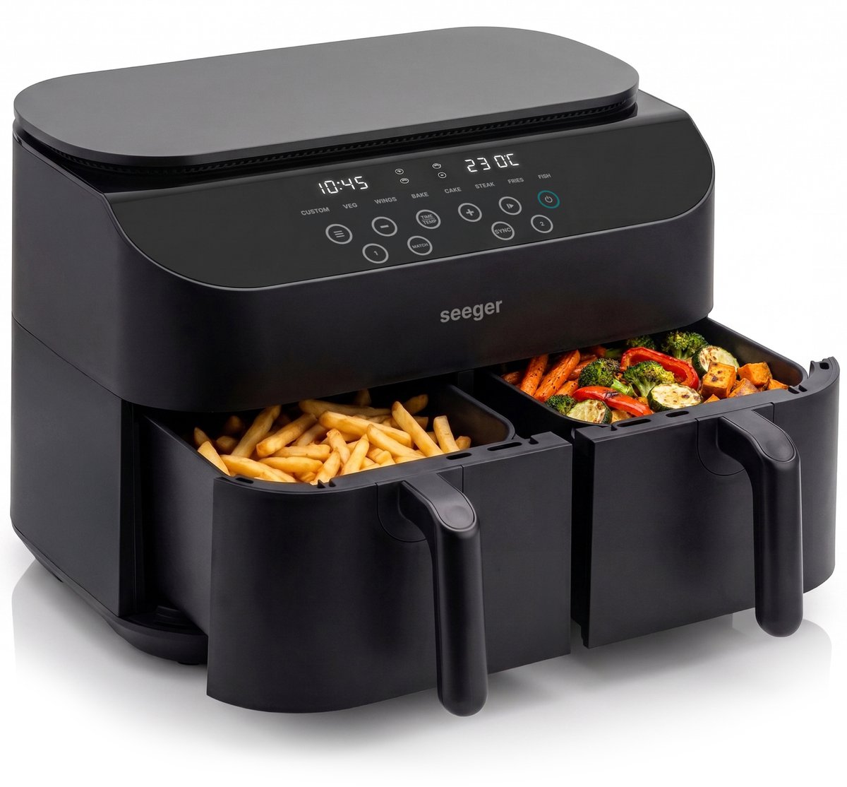Seeger TwoFry - Dubbele Airfryer - 2x5 Liter - 40°C tot 230°C - 8 Programma's - Sync en Match