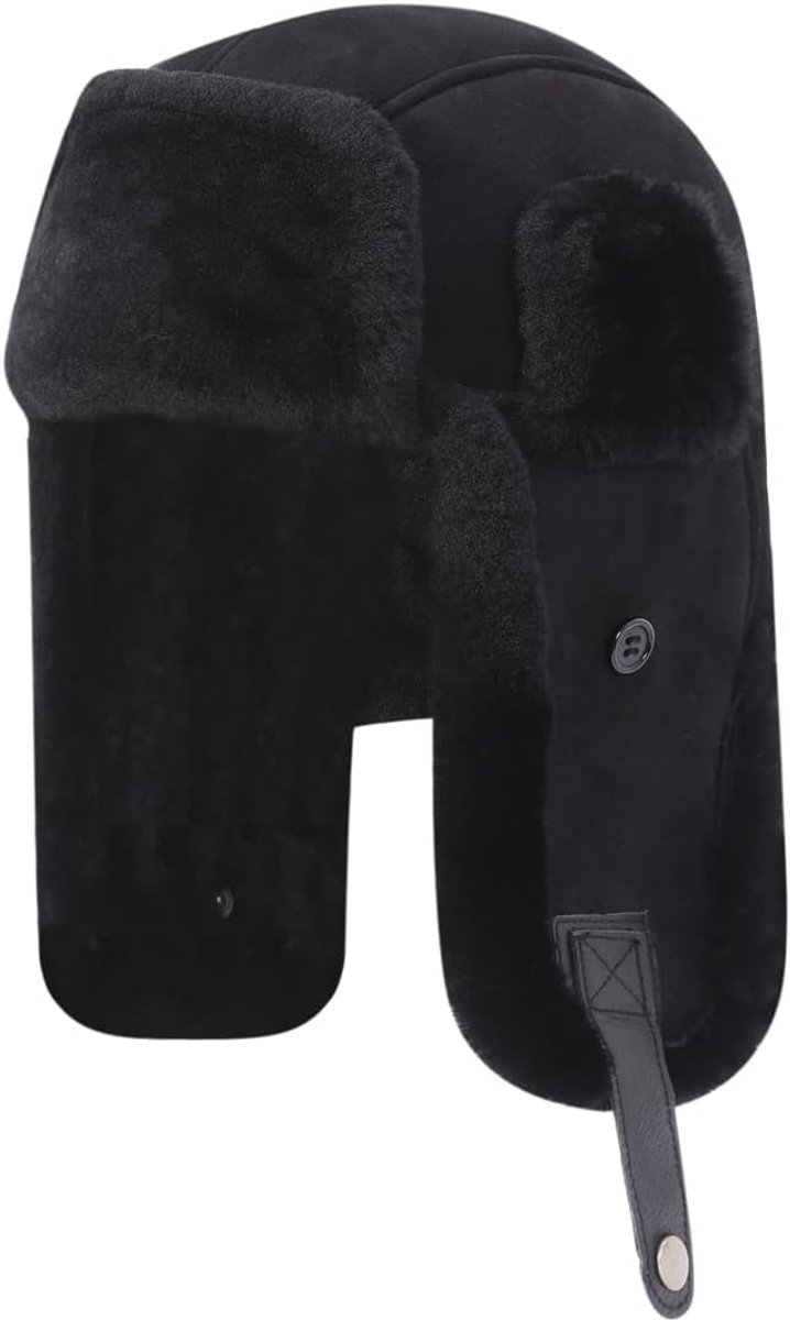 Lamsvacht Shearling wintermuts voor heren en dames, echt leer, trappermuts, pilotenmuts, Aviatormuts, Ushanka, bomberhoed met oorkleppen, CU603EU
