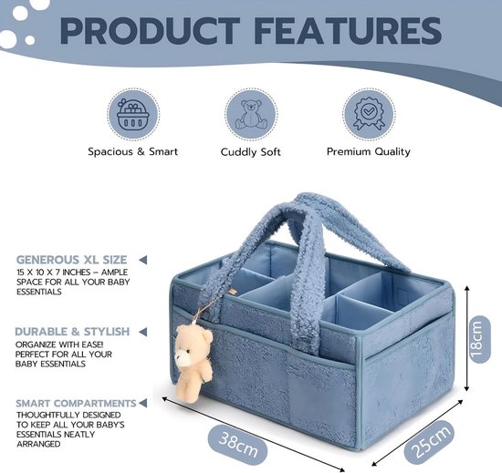 Luiermand - Babyopbergmand - Verzorgingsmand - Reismand - Zachte teddy stof comfortabele handvatten - Verstelbare binnenverdelers meerdere voorzakken - Teddy fleece - 38×25×18 cm - Geschikt voor babykamer kraamcadeau thuisopruiming - Blauw — afbeelding 2