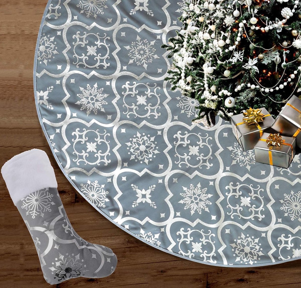 91 cm, kerstboomdeken met kerstkousen, kerstboomrok met sneeuwvlokkenpatroon, kerstdeken voor Kerstmis, vakantie, feest (grijs)