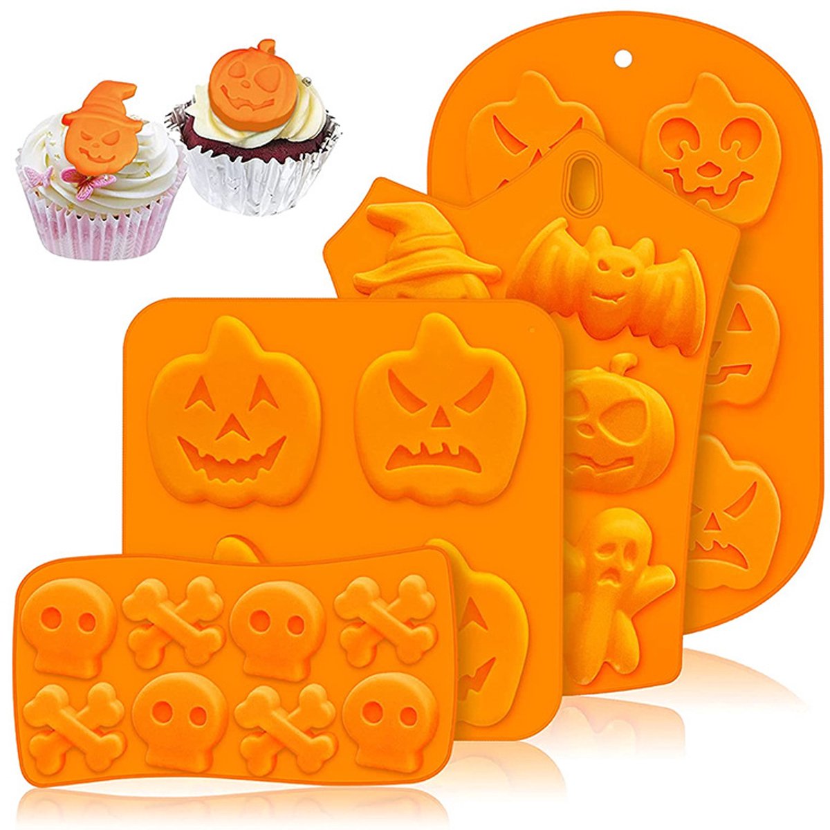 Set van 4 stuks - Siliconen Halloween Bakvormen - Siliconen Mal Halloween - Halloween bakgereedschap - Cake Chocolade Fondant - Halloween Chocolade Mal Siliconen - Voor Halloweenfeesten, schoolfeesten en herfstvieringen