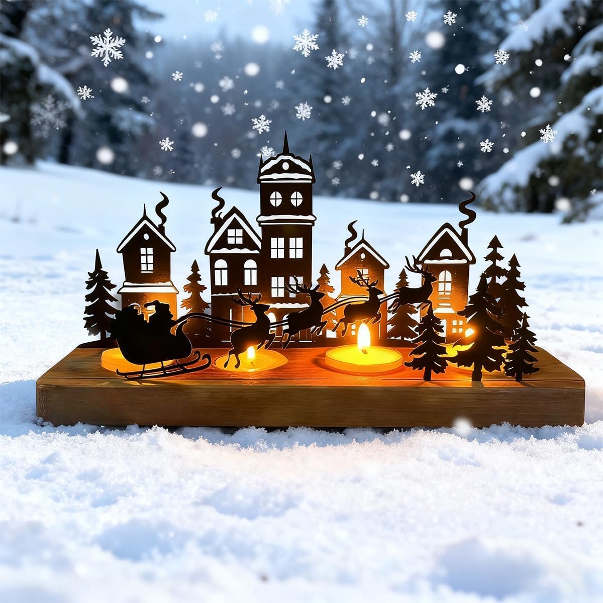 Kerstkaars, decoratieve kaarshouder, zwart metaal, theelichthouder voor Kerstmis, dienblad en kaarsen van metaal, met hout, aventurijn, Kerstmis, voor adventstafel, decoratie, cadeau, 28