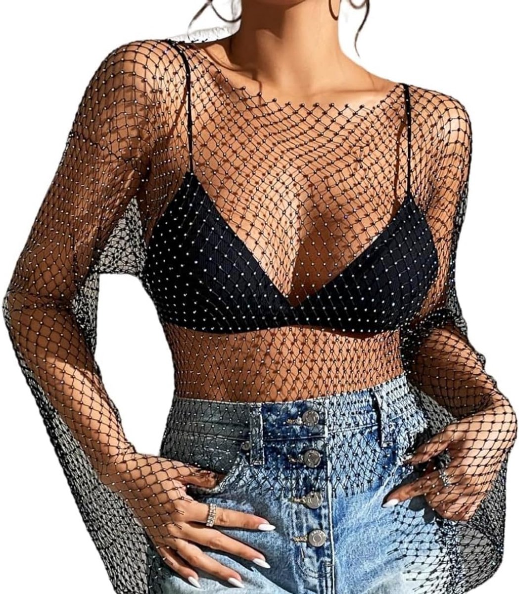 Dames strass glanzend mesh body chain top doorzichtig visnet crop top sexy strasssteentjes glitter mesh bovendeel mesh bovendeel lange mouwen mouwloze blouse bikini cover up voor nachtclub