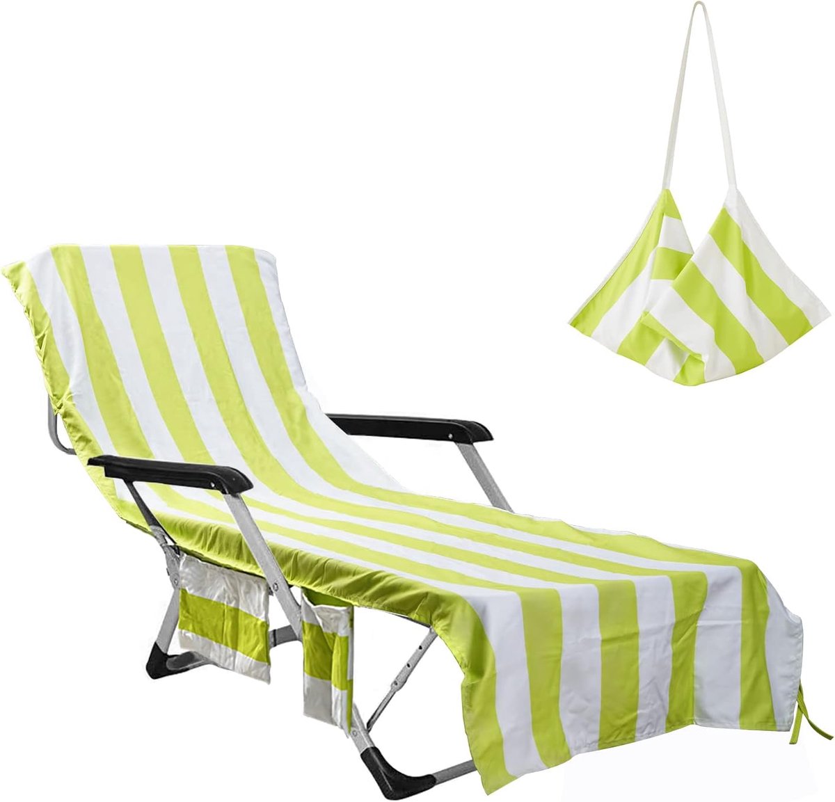 Strandlakens, draagbare strandstoelhoes met zakken, zwembad, gazon, terras, loungestoel, handdoekhoes, vakantie, hotel, zonnebaden, sneldrogende handdoeken (groen)