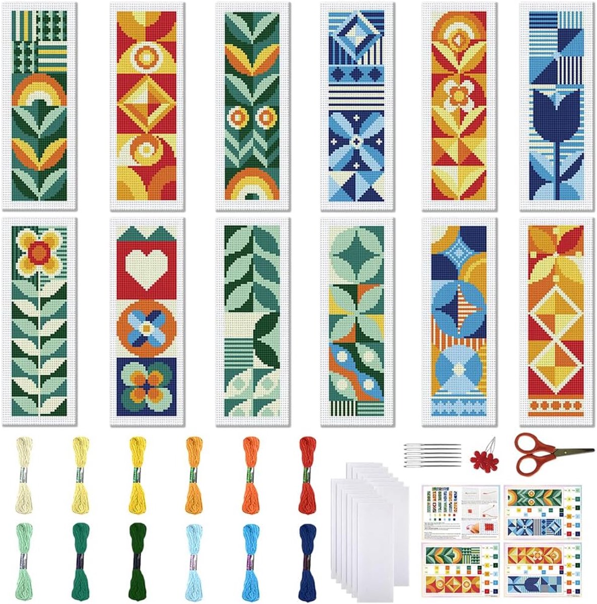 12 sets bladwijzers, kruissteek, 11 ct, beginners, volwassenen, geometrische kunst, gestempeld, borduurset, met instructies, 20 x 6 cm