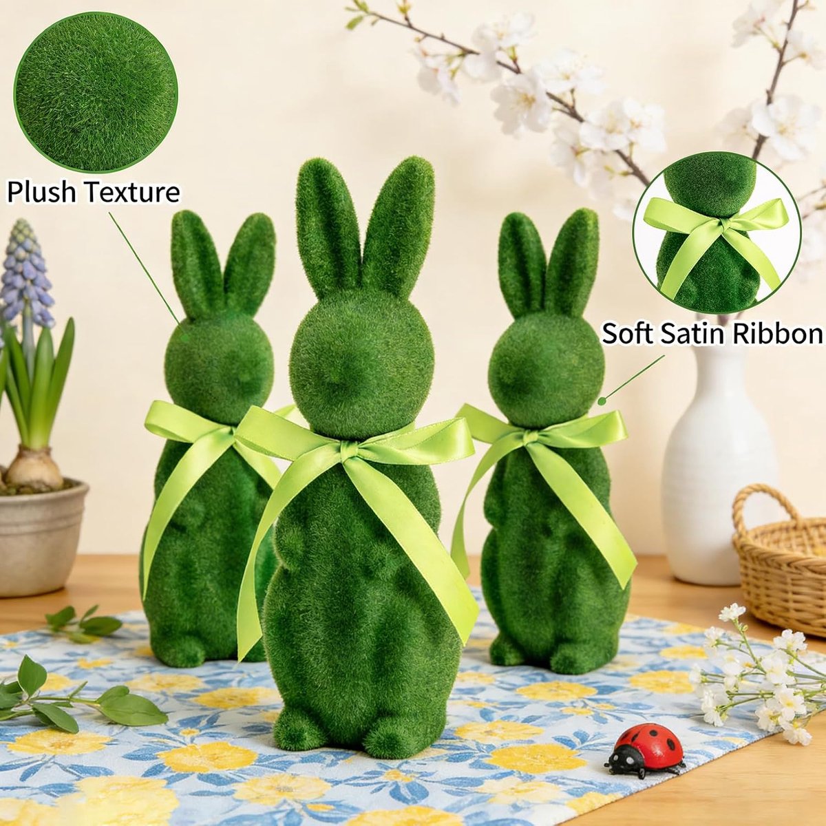 Set Van 3 Paashazen Groen Fluweel Decoratie Paashaas Met Strik Groen Mos Beeld Voor Lentedecoratie Feest Geschenk Baktafel Huis 25 Cm Staande Haas
