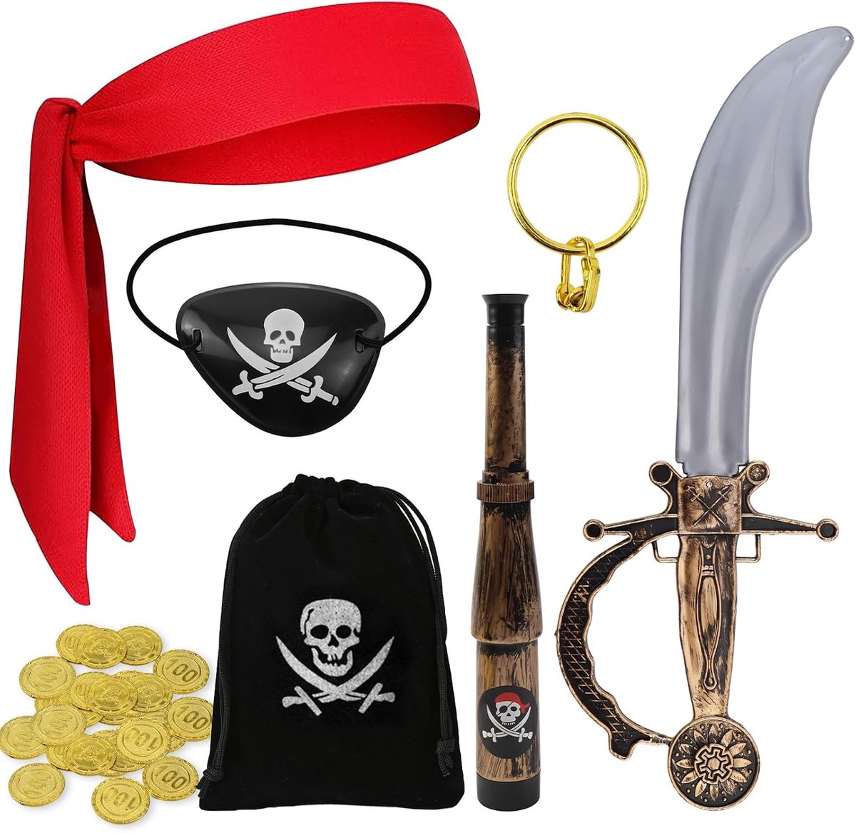 Piratenkostuum voor kinderen, 7-delige set, uniseks, kinderkostuum, geschikt voor kinderen die tijdens carnaval de rol van piraat aannemen, zwart/rood, 33,5 x 11,8 x 3,2 cm