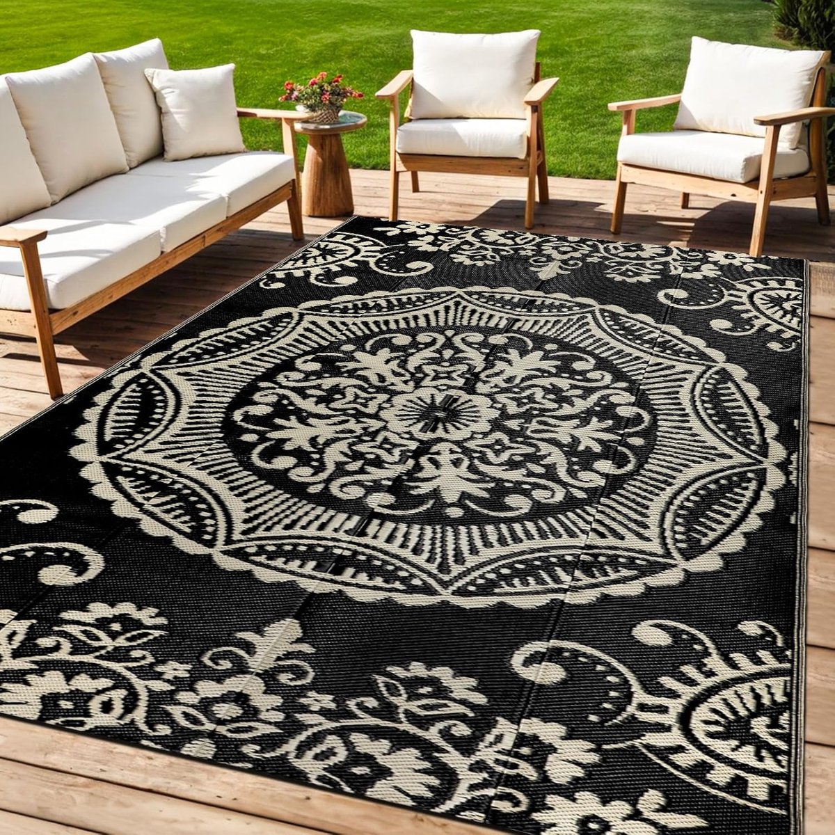 Waterdicht buitentapijt 150 x 245 cm, omkeerbaar, tuintapijten, boho, bloemen, plastic strotapijt, draagbaar, campertapijt, voor binnen en buiten, tapijt voor achtertuin, aanhanger, balkon
