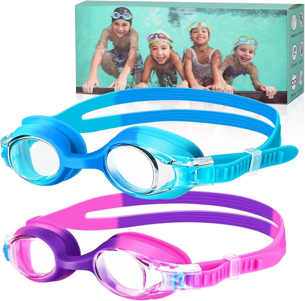2 stuks, kinderzwembril met anti-condens-lens, waterdichte zwembril, zachte siliconen zwembril met draagbare tas, voor meisjes en jongens van 3-14 jaar oud