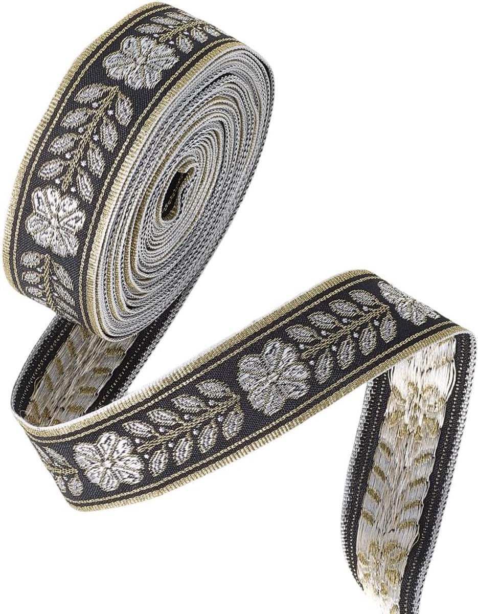 9.14M 1 Inch Zwart Goud Geborduurd Lint 1 Inch Vintage Bloemen Jacquard Trim Borduurwerk Geweven Boho Bloem Stof Applique Trimmen voor Naaien Maken Ambachten Gift Wrapping Boeket Supply