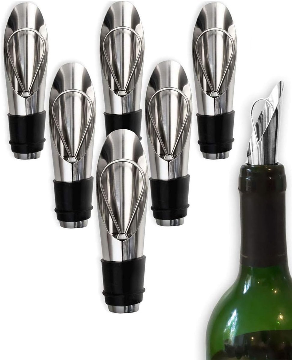 6 x schenktuit, wijnflessen, jeneverflessen, stop voor sterke drank, huisbar, restaurant, gastronomie, discotheek, keuken, roestvrij staal, rubberen afdichting, sluiting, 6-delige barset