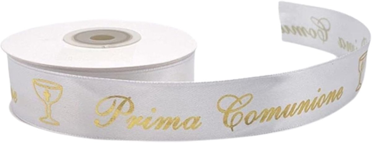Satijnen lint belettering goud eerste communie 25 mm x 25 meter