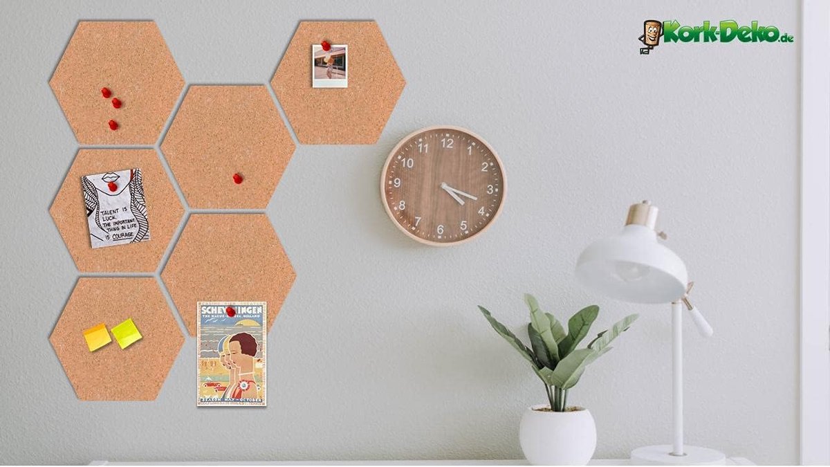 | kurkhexagone voor wanddecoratie | XXL prikbord | 6 stuks kurk-hexagonen elk 30 x 26 cm | zelfklevend | wandbekleding & muurdecoratie | kantoor en thuiskantoor