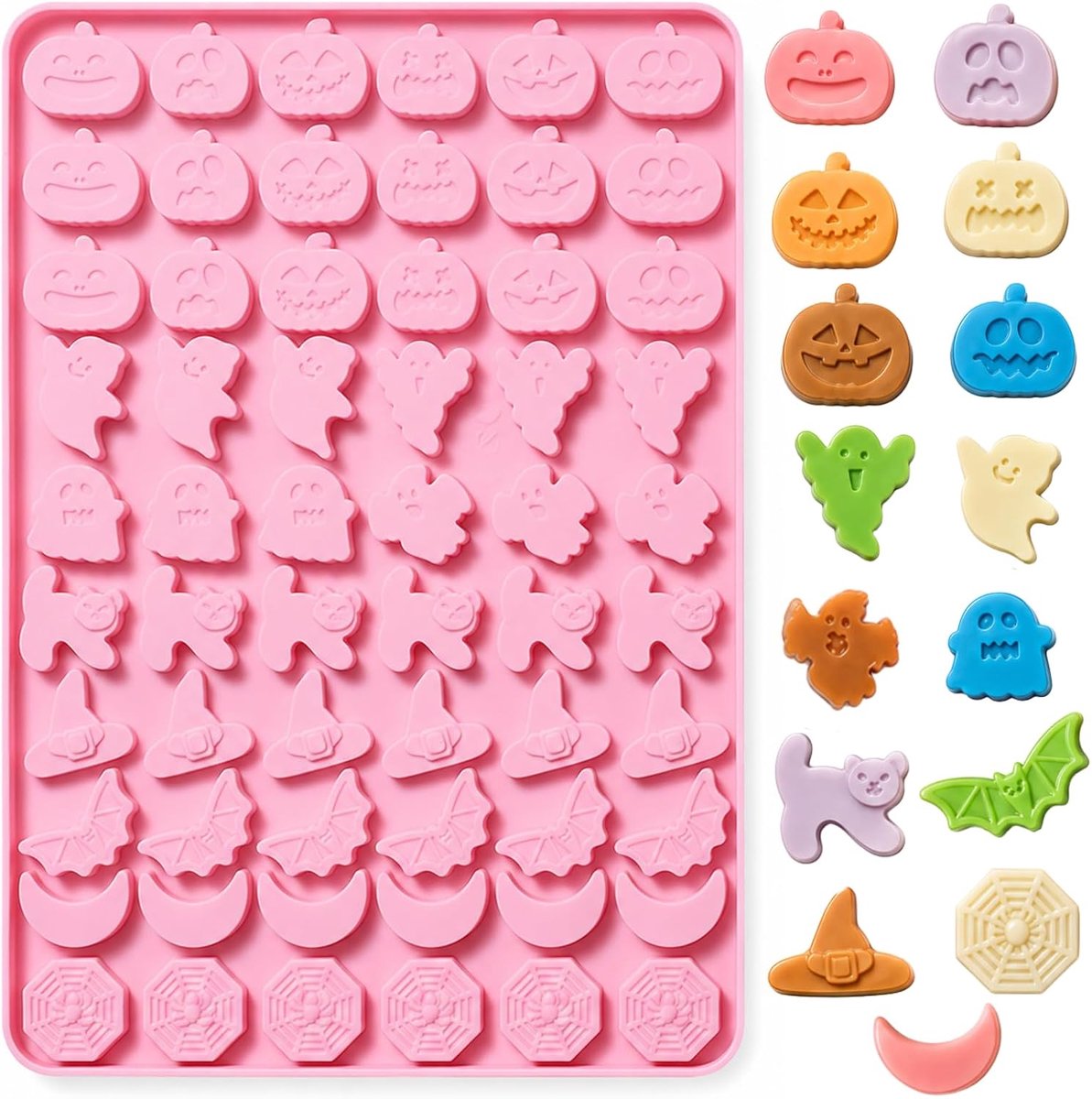 Halloween snoepvorm – 60 holtes – Halloween chocolade mal – Ontwerpen: spoken, pompoenen, vleermuizen, spinnen, heksenhoeden en grafstenen – Bakvorm voor zelfgemaakte koekjes, chocolaatjes en snoepjes – 25,8 x 17,9 x 0,8 cm – Roze