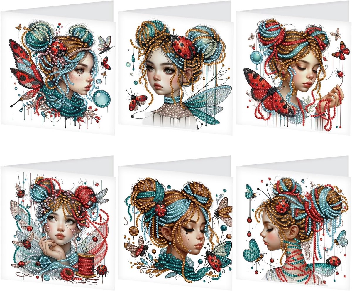 Set van 6 Diamond Painting wenskaarten, vlinder, elfen, diamond painting, kaarten, verjaardagskaarten, bedankkaart, zegentiekaart, feestdagkaarten, borduurwerk, kruissteek, diamantschilderij