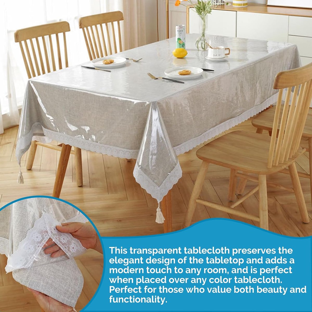 Tafelkleed, 180 x 140 cm, transparant, tafelfolie, vetdicht, tafelbeschermfolie, waterdicht, afwasbaar, pvc-folie, voor woonkamer, eetkamer, balkon, tuin