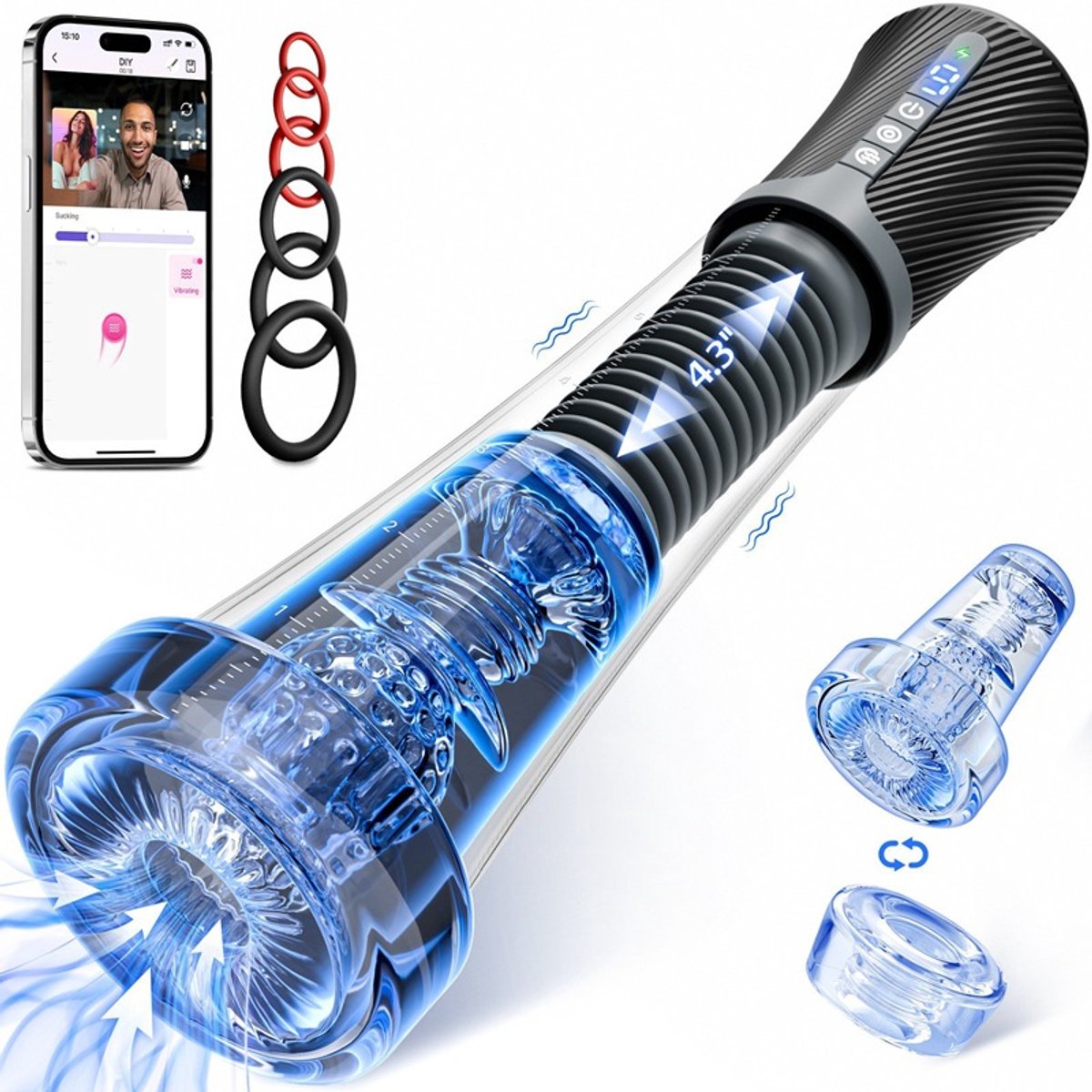 Orale seksmachine - 5 zuigniveaus - met 6 ringen - met glijmiddel - inclusief penisring - penisvergroter - zuigmachine - voor mannen - orale sekssimulator - penispomp - elektrisch - transparant
