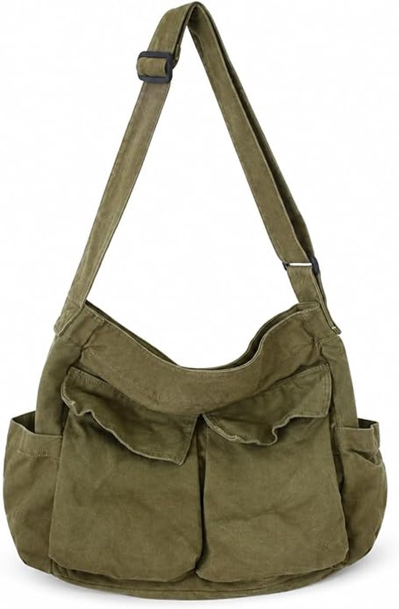 VHV Schoudertas Dames - Grote Canvas Messenger Bag met Verstelbare Riem en Ruim Hoofdvak - Groene Crossbody Tas voor Werk, Reizen, Winkelen en Wandelen